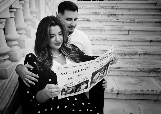Black and white photo of a couple reading a save-the-date newspaper